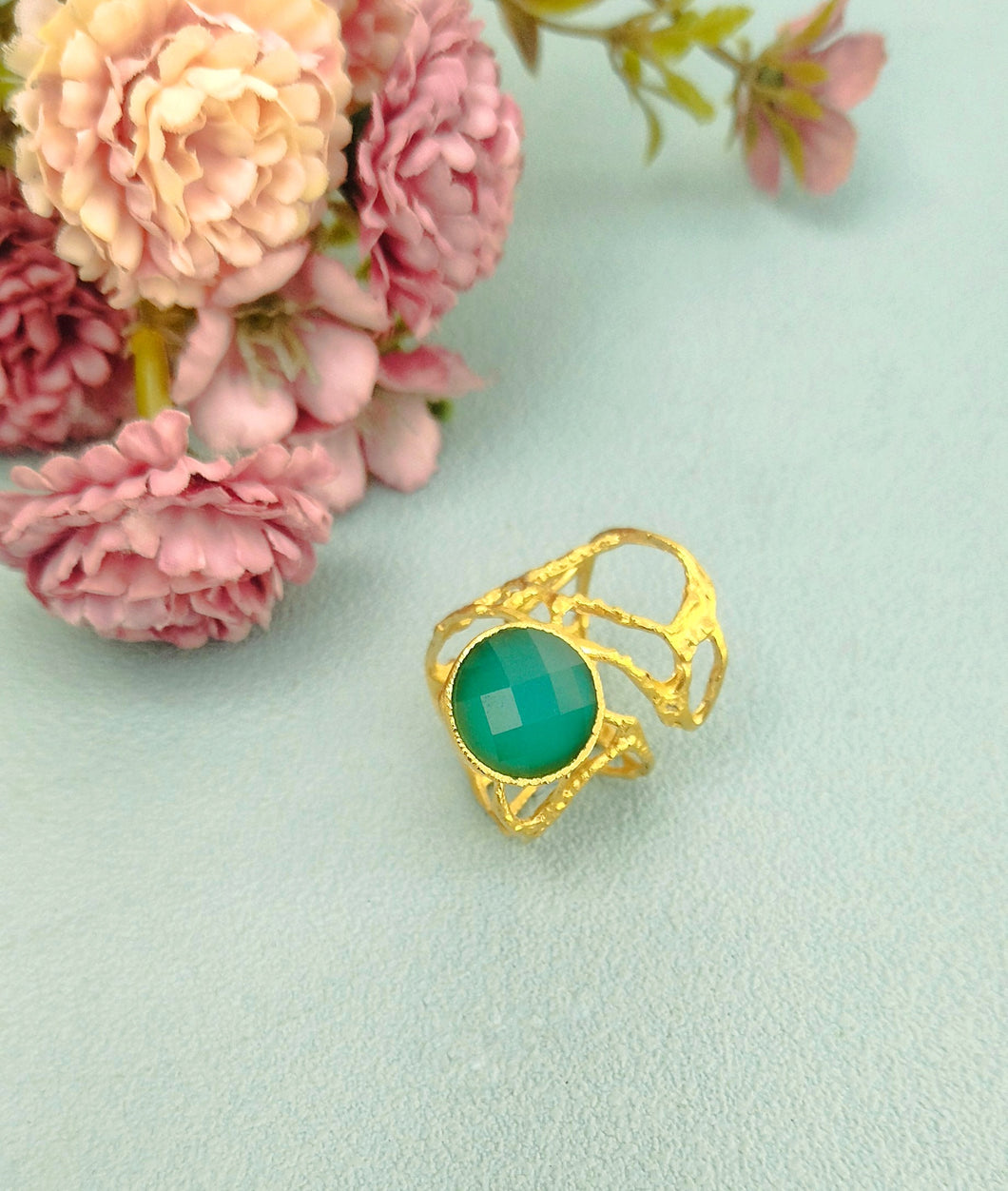 24k Gold Statement Ring, Adjustable Ring With Green Quartz Gemstone, 22nd Wedding Anniversary Gift For Wife