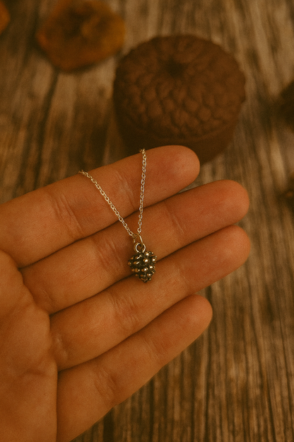 Silver Pinecone Necklace in Wooden Acorn Gift Box, Minimalist Woodland Jewelry