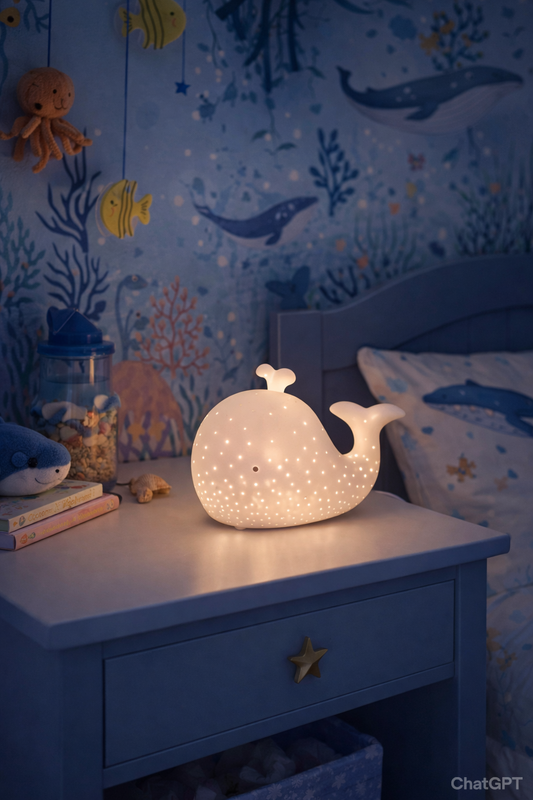 Whale Porcelain Table Lamp, Ocean Nursery Night Light, Cute Kids Room Nightstand Lamp Decor