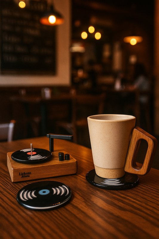 Wooden Record Player Coaster Holder with 4 Disc Shaped Ceramic Coasters, Music Producer Gifts
