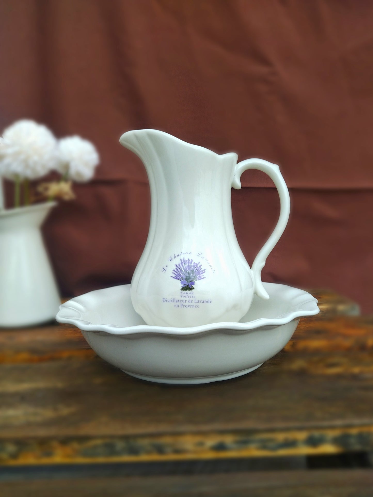 Wash Basin And Water Pitcher Set, Porcelain Jug And Face Wash Bowl With Lavender Print