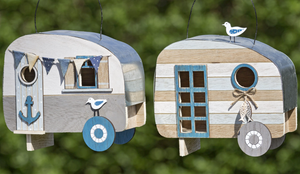 Wood Hanging Bird Feeder, Miniature Trailer Bird House, Backyard Decor