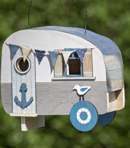 Wood Hanging Bird Feeder, Miniature Trailer Bird House, Backyard Decor