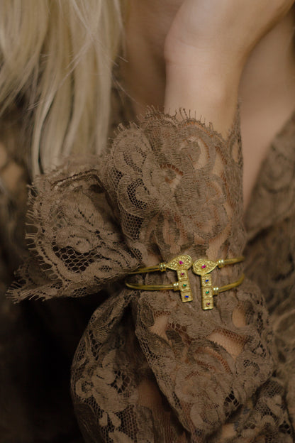 22k Gold And Rose Quartz Bangle Bracelet, Byzantine Bracelet For Her