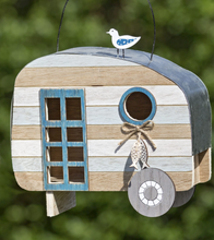 Load image into Gallery viewer, Wood Hanging Bird Feeder, Miniature Trailer Bird House, Backyard Decor
