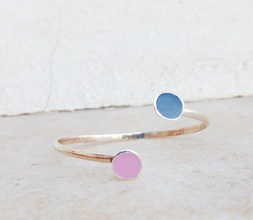Open Cuff Bracelet, Silver Bangle Bracelet With Pink And White Enamel