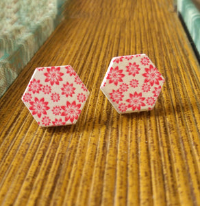 Hexagon Stud Earrings, Chrysanthemum Flower Stud Earrings
