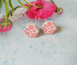 Hexagon Stud Earrings, Chrysanthemum Flower Stud Earrings