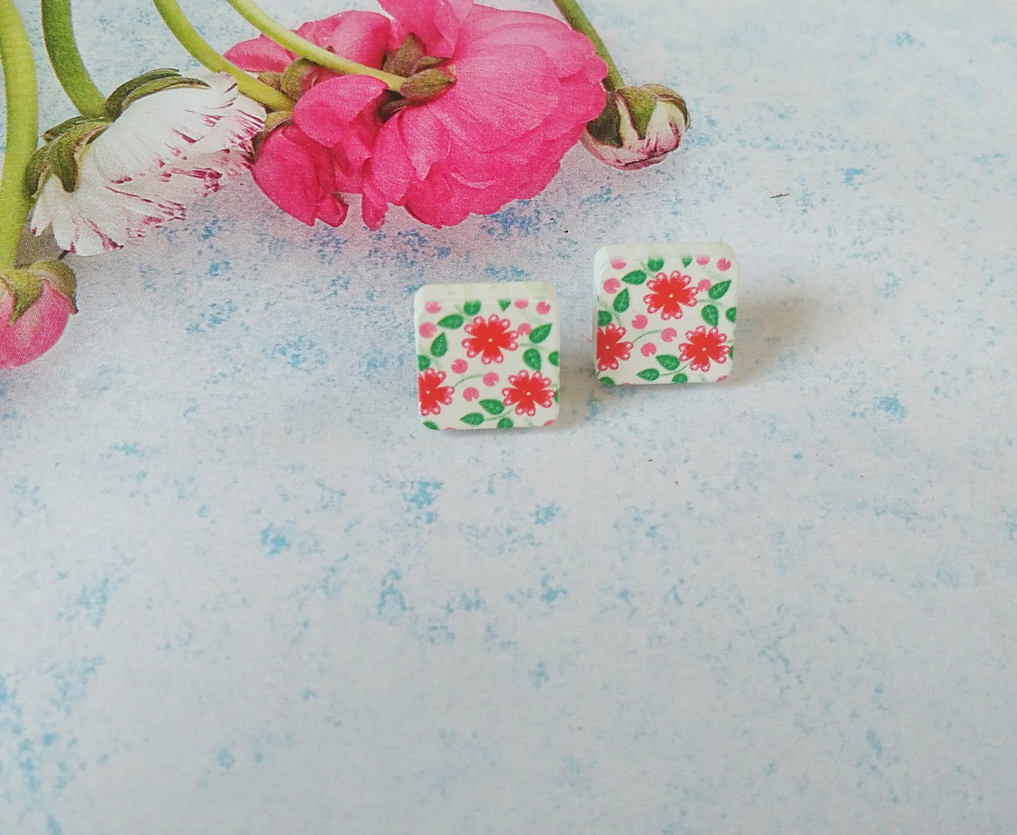 Floral Stud Earrings, Geometric Square Earrings, Gifts Under 10