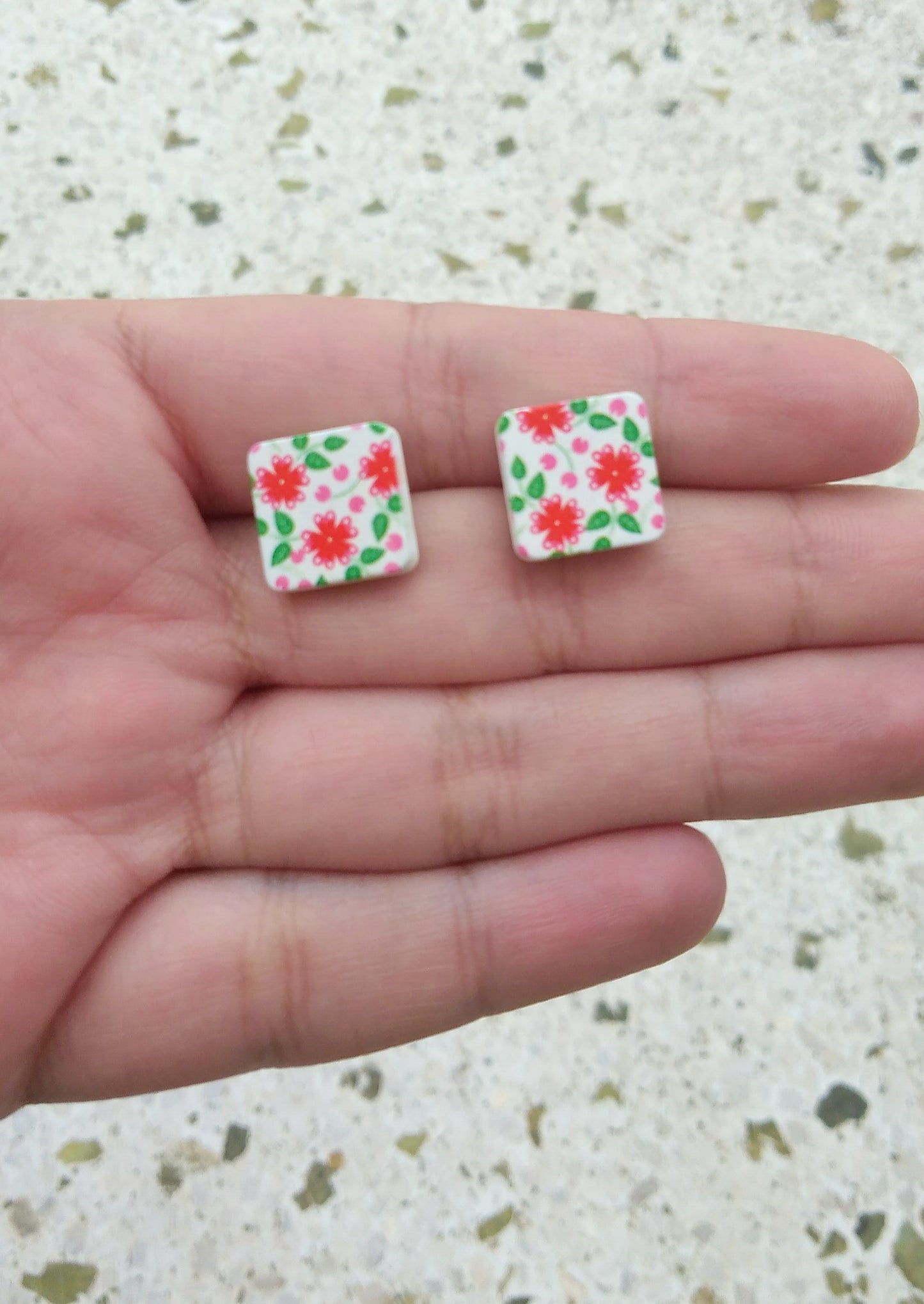 Floral Stud Earrings, Geometric Square Earrings, Gifts Under 10