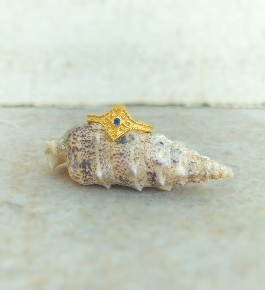 Sapphire Ring, 22k Gold Plated Silver Byzantine Ring