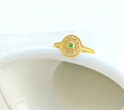 22k Gold Plated Silver Ring, Vintage Style Emerald Green Zircon Ring