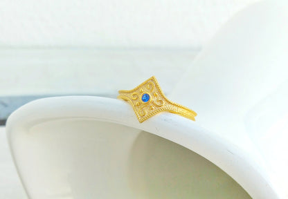 Sapphire Ring, 22k Gold Plated Silver Byzantine Ring