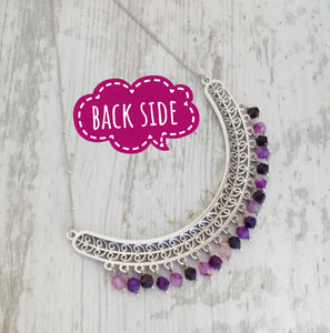 Purple Agate Stone Choker Necklace, Antique Silver Filigree Pendant