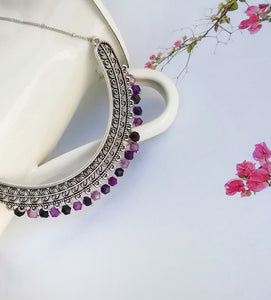 Purple Agate Stone Choker Necklace, Antique Silver Filigree Pendant