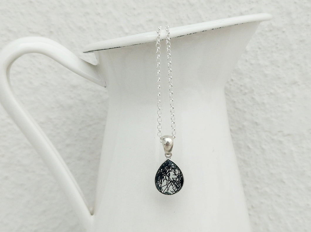 Black Rutile Quartz Necklace, Silver Teardrop Necklace