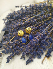 Load image into Gallery viewer, 22k Gold Filled Royal Blue Lapis Etruscan Earrings, January Birthstone Gift For Her
