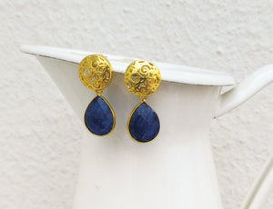 22k Gold Filled Royal Blue Lapis Etruscan Earrings, January Birthstone Gift For Her
