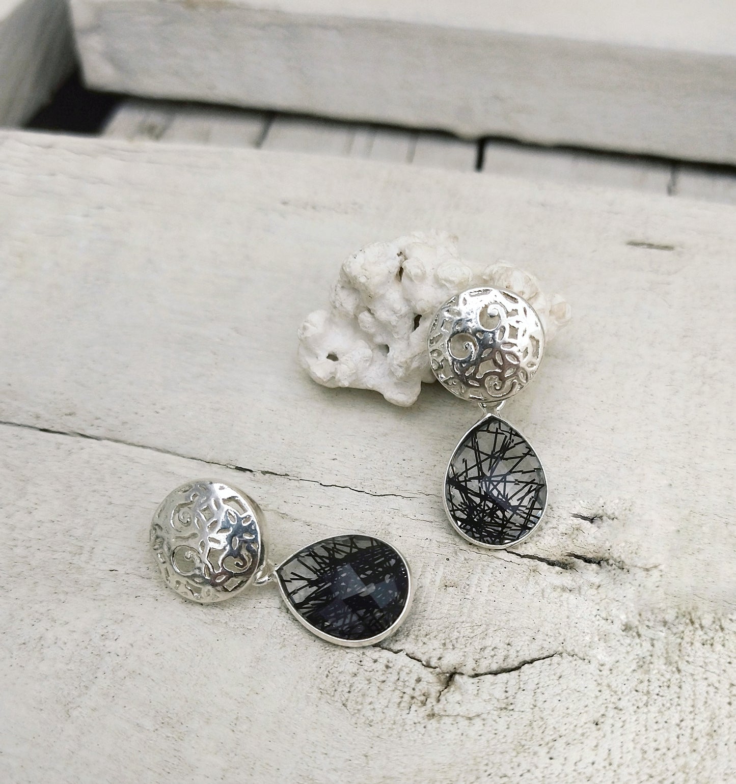 Black Rutilated Quartz Earrings, Silver Filigree Gemstone Jewelry For Her