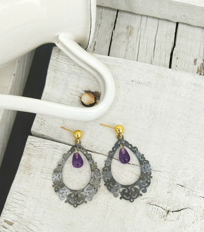 Black Amethyst Filigree Earrings, Cosplay Costume Jewelry For Gothic Princess