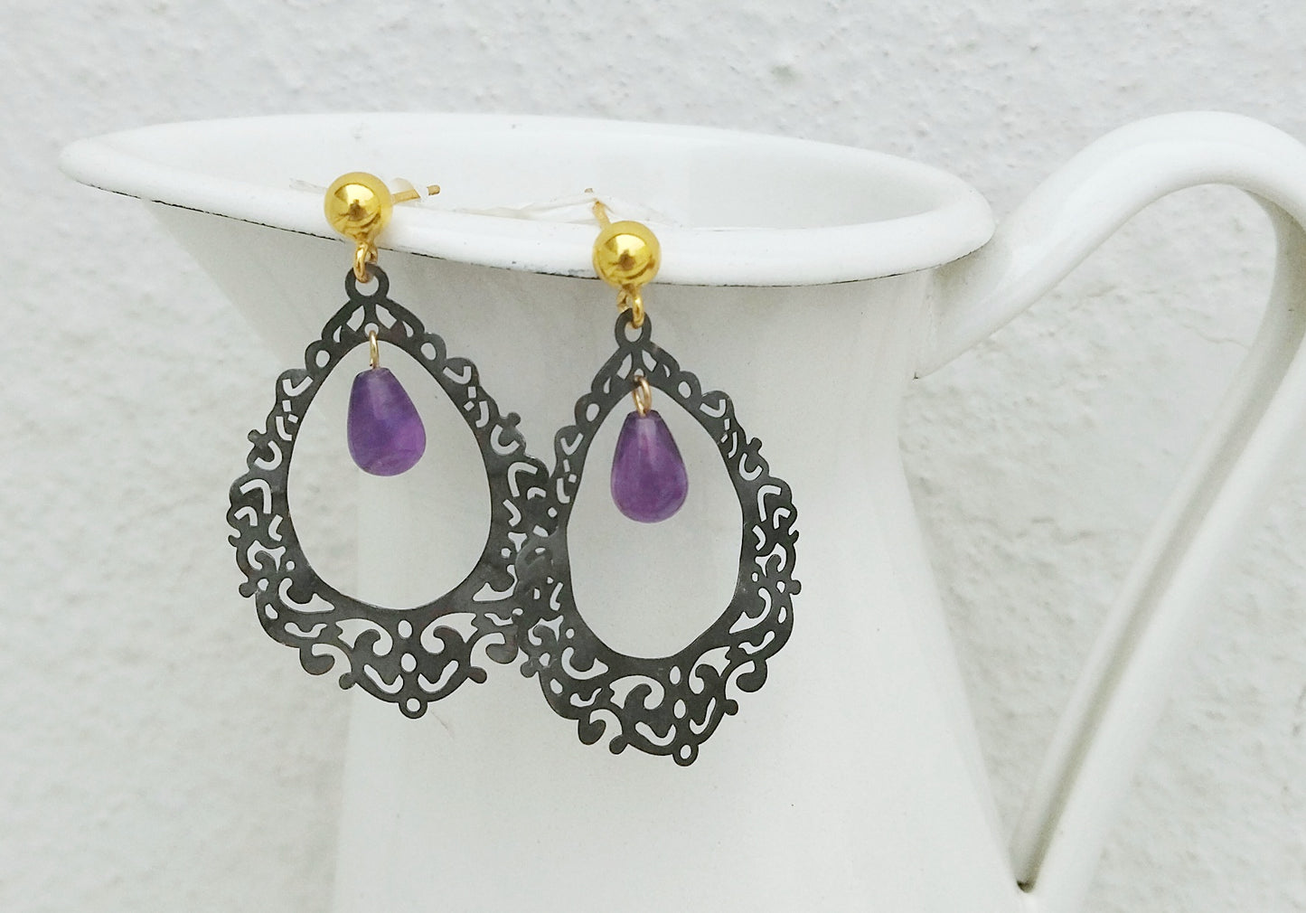 Black Amethyst Filigree Earrings, Cosplay Costume Jewelry For Gothic Princess
