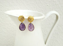 Load image into Gallery viewer, 22k Gold Plated Silver Amethyst Earrings, February Birthday Gift For Women
