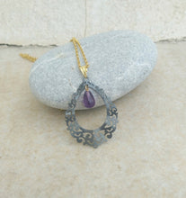 Load image into Gallery viewer, Black Amethyst Filigree Necklace, Teardrop Pendant In Moroccan Style, Goth Bridal Jewelry
