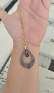 Black Amethyst Filigree Necklace, Teardrop Pendant In Moroccan Style, Goth Bridal Jewelry