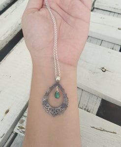 Emerald Teardrop Silver Necklace, Moroccan Style Interlaced Necklace