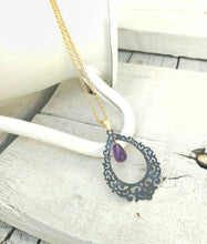 Load image into Gallery viewer, Black Amethyst Filigree Necklace, Teardrop Pendant In Moroccan Style, Goth Bridal Jewelry
