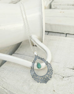 Emerald Teardrop Silver Necklace, Moroccan Style Interlaced Necklace
