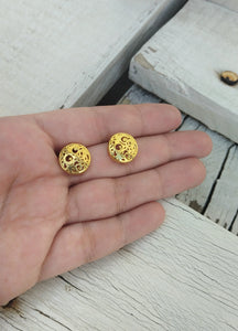 22k Gold Filled Silver Filigree Stud Earrings, Circle Post Earrings In Vintage Style