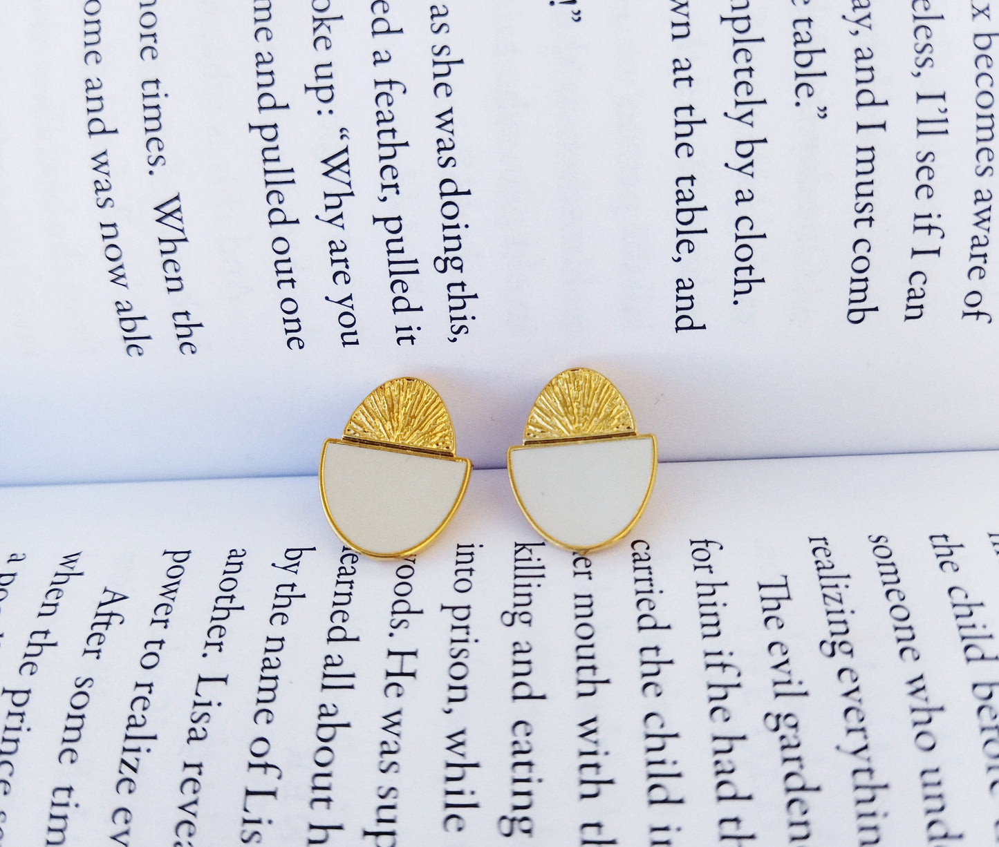 White Enamel Stud Earrings, 18K Gold Plated Bronze Oval Earrings