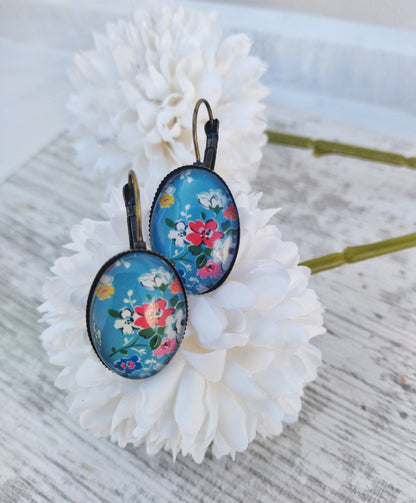 Oval Wildflower Dangle Earrings, Bold Floral Cabochon Jewelry, Spring Birthday Gift For Her