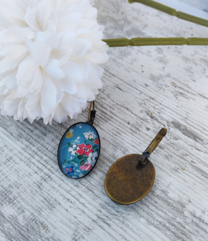 Oval Wildflower Dangle Earrings, Bold Floral Cabochon Jewelry, Spring Birthday Gift For Her