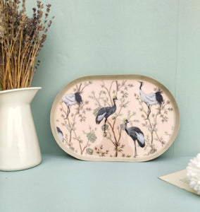 Oval Metal Gold Decorative Tray, Heron Art Accessories For Meditation Table
