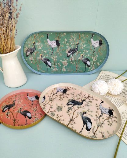 Oval Metal Gold Decorative Tray, Heron Art Accessories For Meditation Table