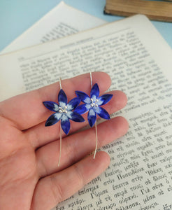 Dainty Blue Lotus Flower Earrings, Silver Jasmine Jewelry