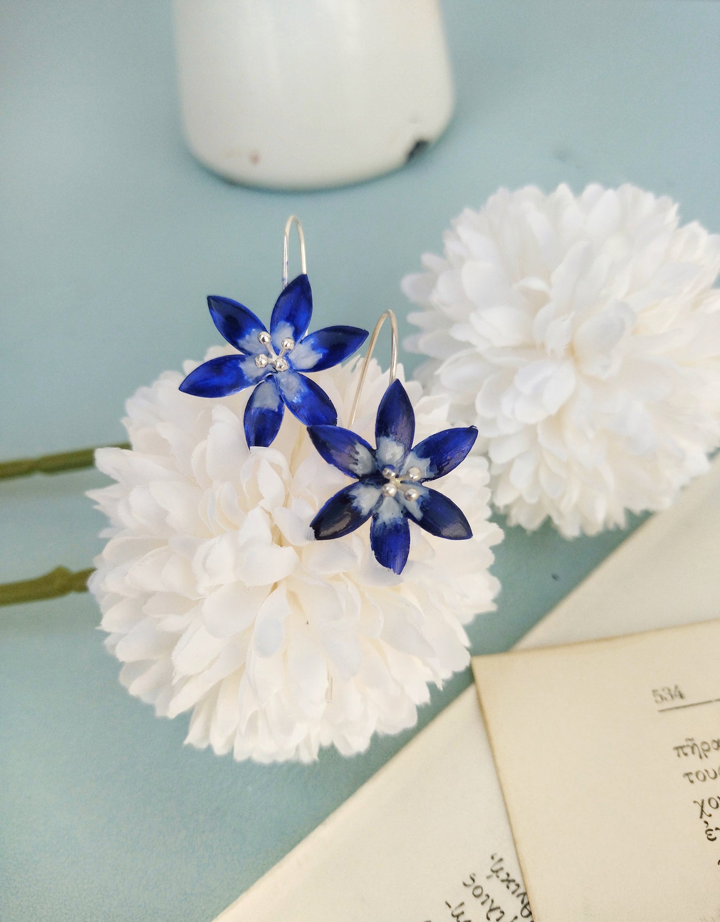 Dainty Blue Lotus Flower Earrings, Silver Jasmine Jewelry
