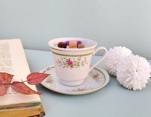 Vintage Teacup Candle And Saucer, Vanilla Cinnamon And Clove Scented Soy Wax Candle