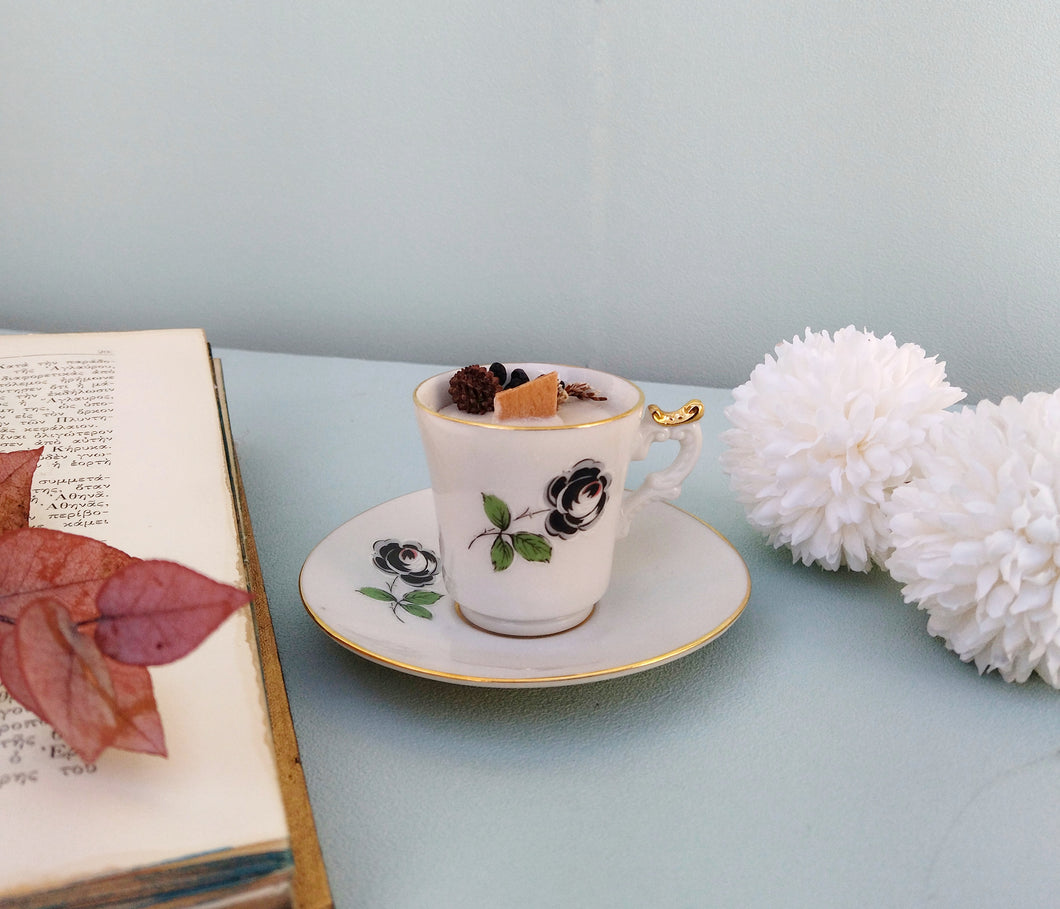 Ceramic Black Rose Coffee Cup With Saucer And Hand Poured Soy Candle