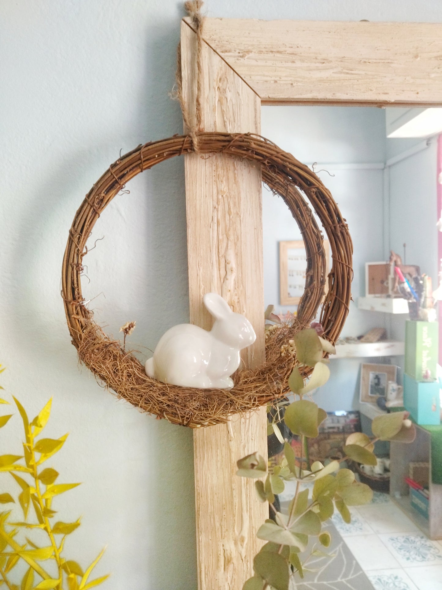 Easter Wreath With White Ceramic Bunny