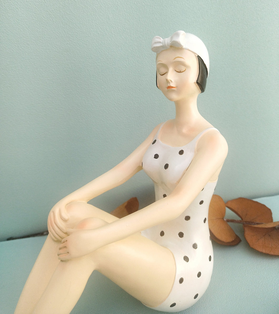 Vintage Style Swimming Girl, 50s Woman Figurine With Black And White Swimsuit