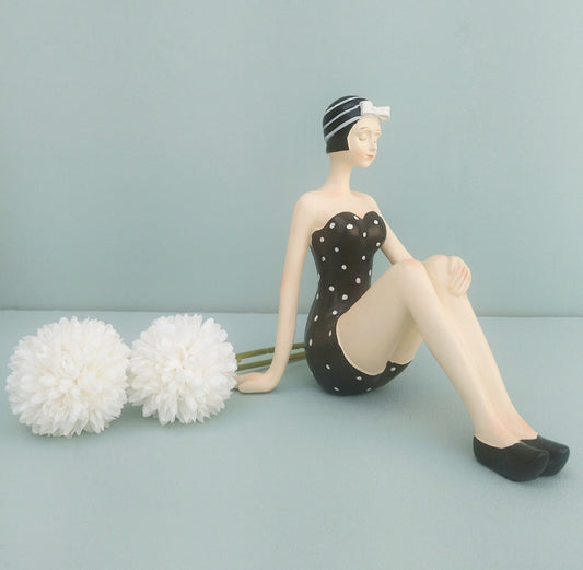 Vintage Style Swimming Girl, 50s Woman Figurine With Black And White Swimsuit