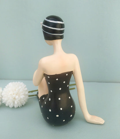 Vintage Style Swimming Girl, 50s Woman Figurine With Black And White Swimsuit