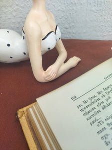 Pin Up Girl Figurine With Black And White Polka Dot Vintage Swimsuit