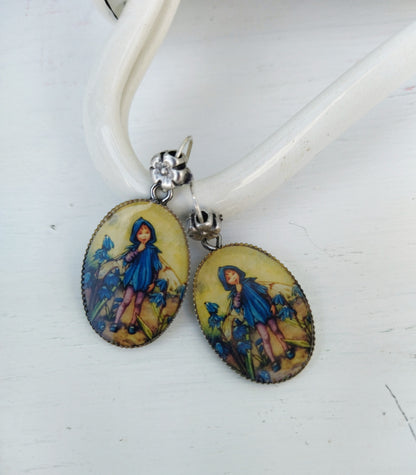 Blue Flower Fairy Earrings, Whimsical Earrings Inspired In Cicely Mary Barker Vintage Illustration