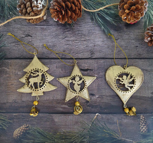 Set Of Rustic Gold Metal Star Angel And Reindeer Ornament For Christmas Tree In Luxury Box