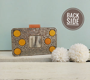 Brown Clutch Bag, Wooden Embellished Purse With Faux Leather And Howlite Stone