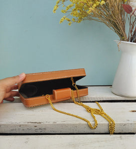 Brown Clutch Bag, Wooden Embellished Purse With Faux Leather And Howlite Stone